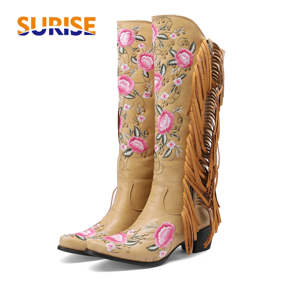 Embroidery Yes - Moda bordado flor ocidental joelho botas