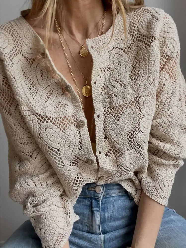 Embroidery Cardigan - Camisas de malha de crochê feminino