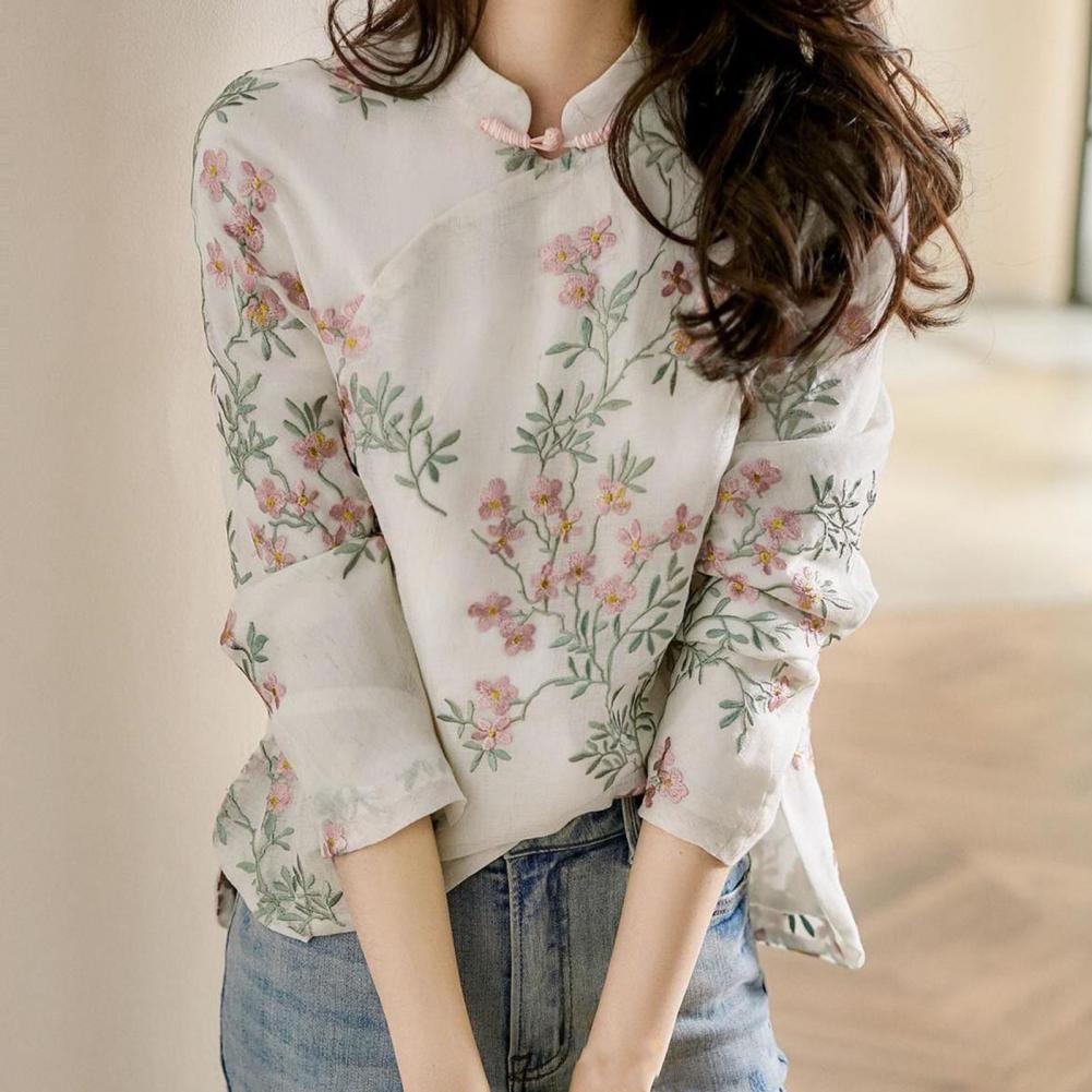 Embroidery Cardigan - Camisa feminina estilo chinês bordado elegante