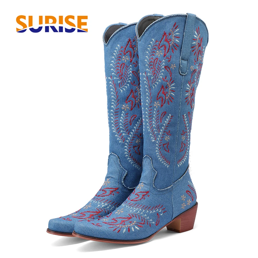 Embroidery Yes - Azul denim ocidental cowgirl joelho botas