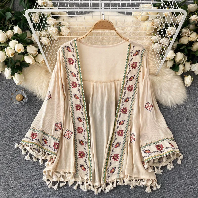 Camisa feminina de verão boêmi - Embroidery Cardigan avaliação e preço