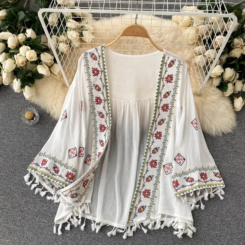 Camisa feminina de verão boêmi - Embroidery Cardigan avaliação e preço