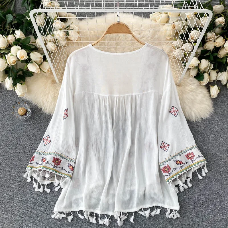 Camisa feminina de verão boêmi - Embroidery Cardigan avaliação e preço