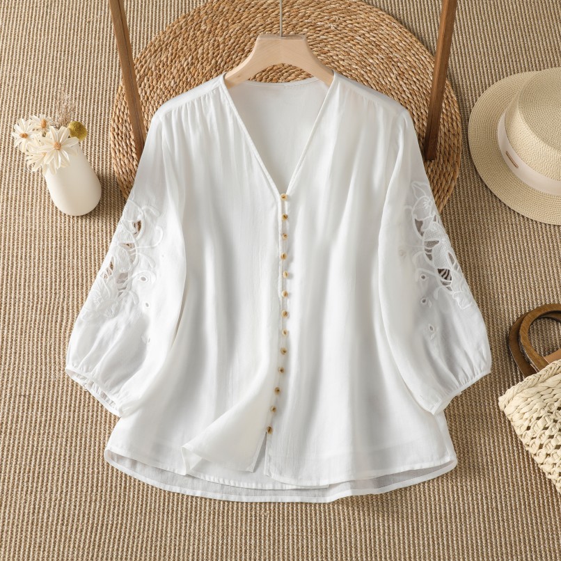 Camisa Casual de Algodão e Lin - Embroidery Cardigan avaliação e preço